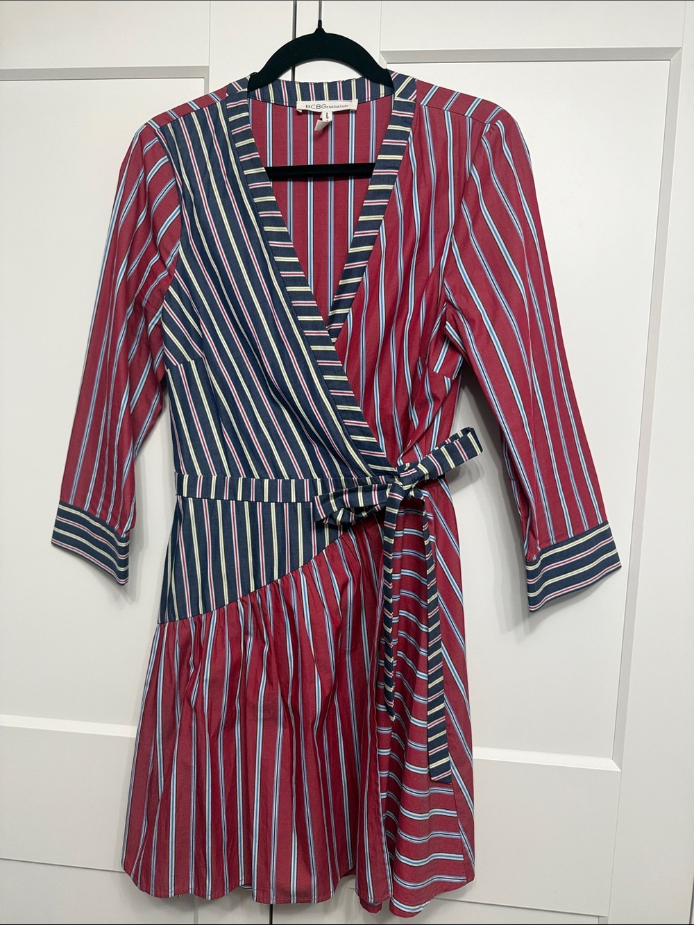 Striped Wrap Midi Dress in Burgundy and Navy by BCBG